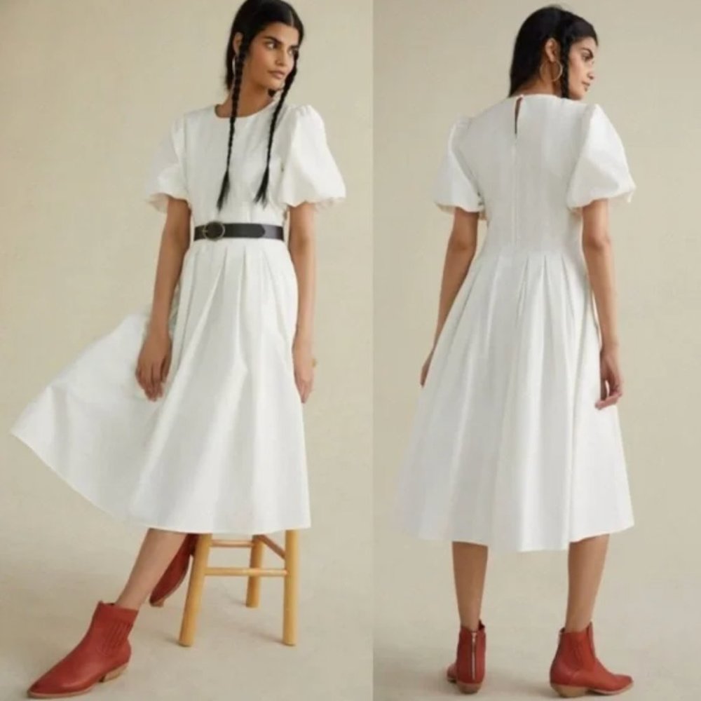 NWT Anthropologie Corset Seamed Midi Dress White Short Sleeve Size 0